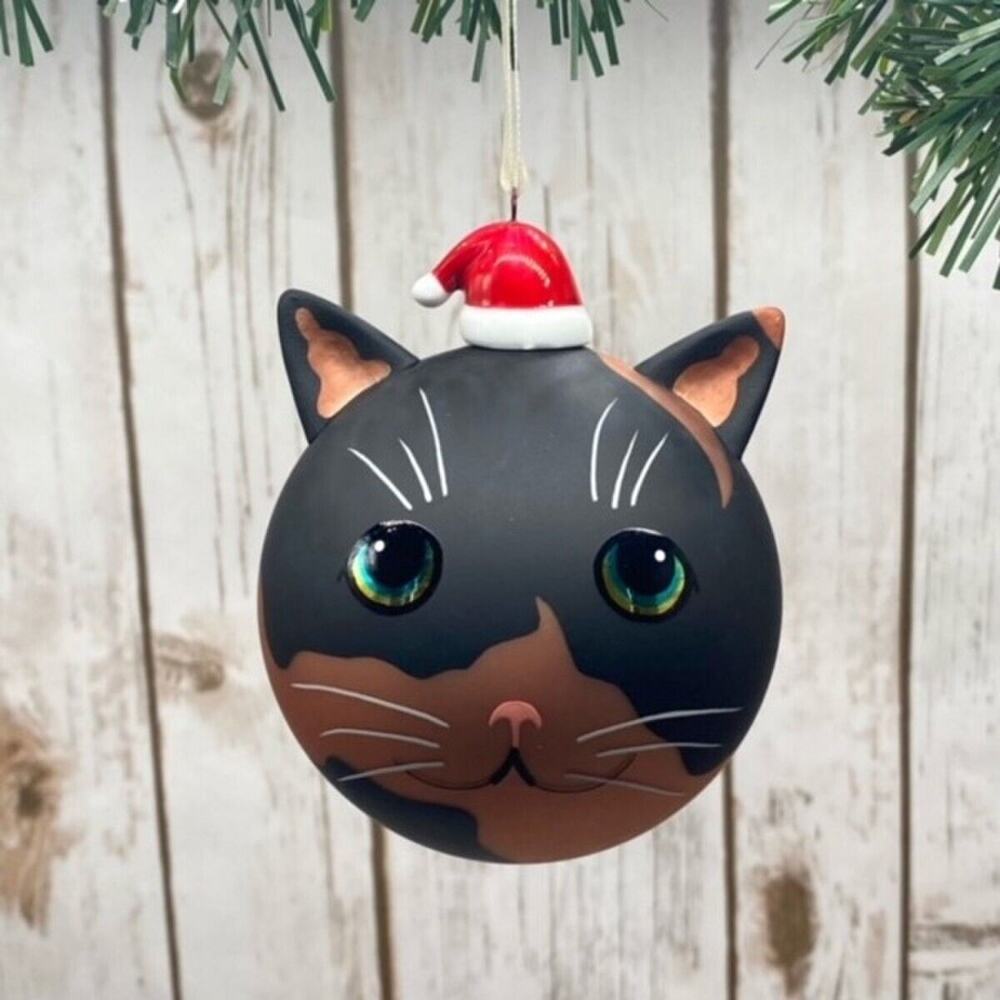NEW D STEVENS CAT Hand Blown Porcelain Hand Painted Christmas Tree Ornament